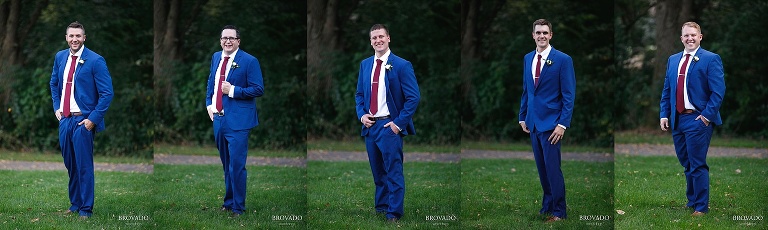 Individual portraits of groomsmen in blue suits and red ties