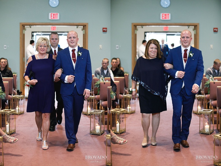 Derek walking his mother and the mother of the bride down the aisle