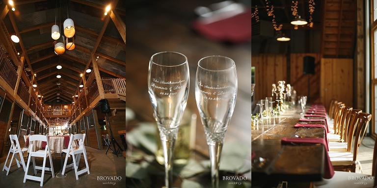 Detail of Brenna and Derek's champagne glasses and maroon napkins