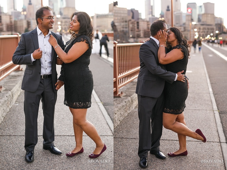 Roshni and Dharmik kissing on the stone arch bridge