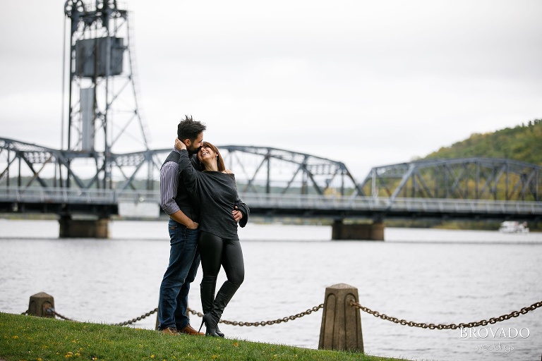 Yevgenia and Eugene standing in front of Stillwater lift bridge