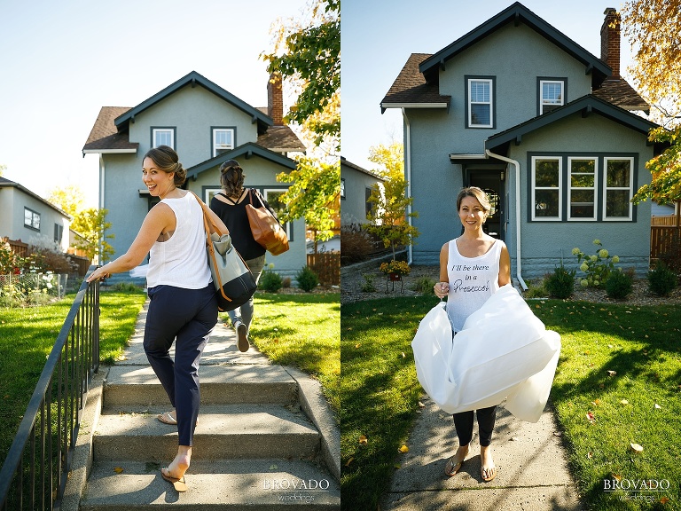 Bride Hannah posing with dress in front of her house