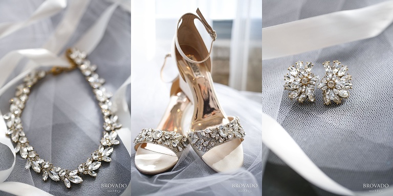 Closeup of Hannah's bridal jewelry and badgley mischka wedding shoes