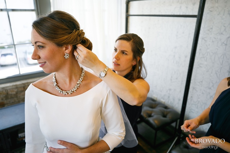 Closeup of Hannah's wedding day makeup and jewelry