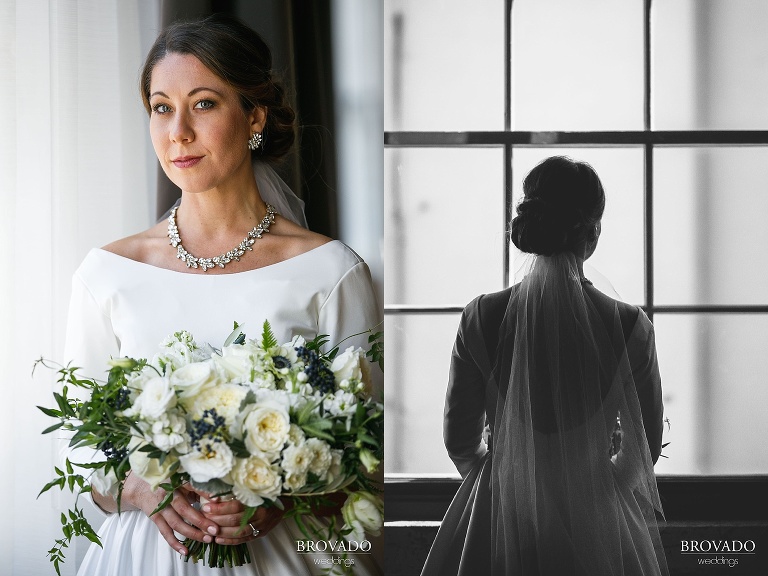 Bride Hannah in elegant white wedding dress