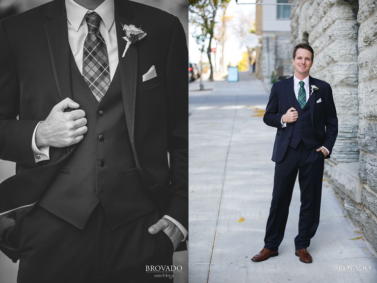 Groom Jason in blue suit with green plaid tie
