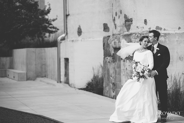 Moody black and white wedding portrait