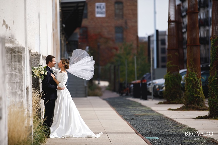 Hannah's wedding veil flying in the wind
