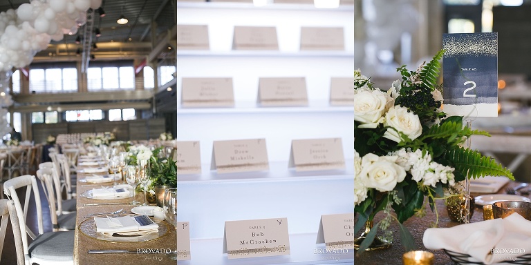 Gold and white wedding details at machine shop Minneapolis