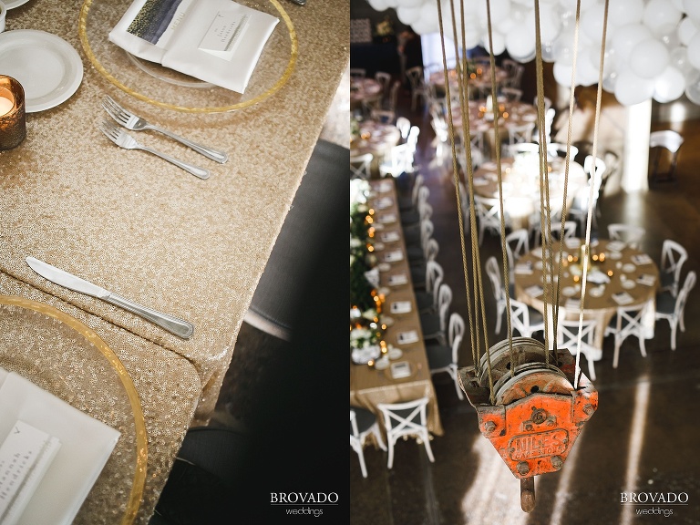 Detail of gold sequin tablecloths and industrial wedding venue details at machine shop