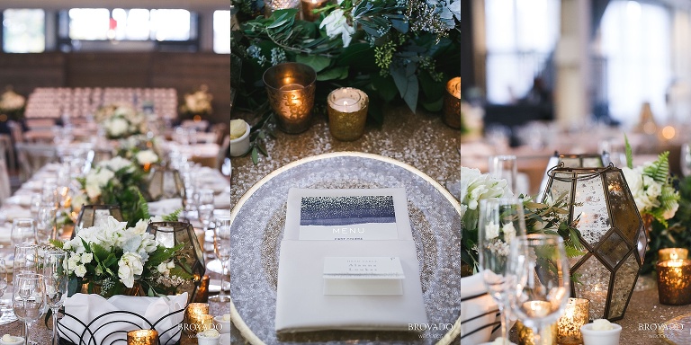 Closeup of gold and blue menu and candle holders