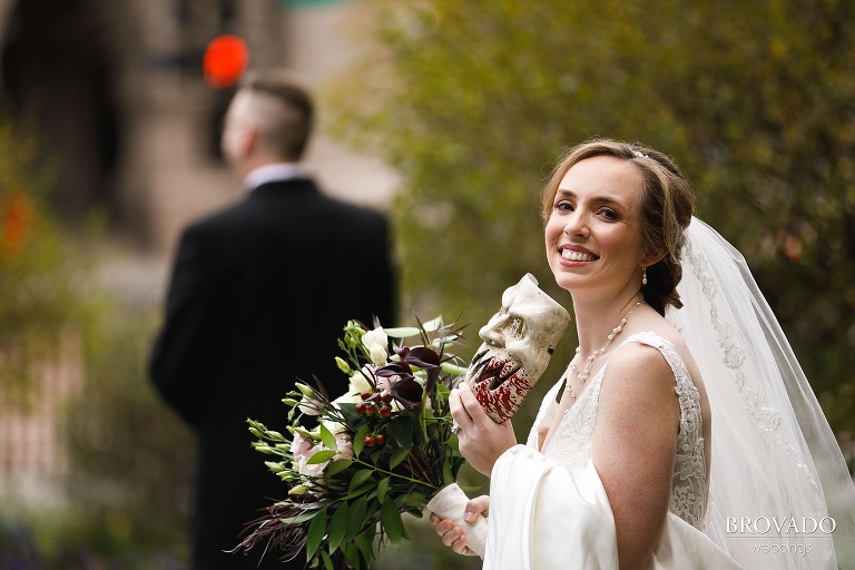 Halloween themed first look at fall wedding