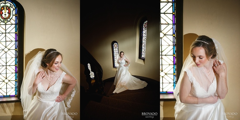 Moody bridal portraits of Megan at st thomas aquinas chapel