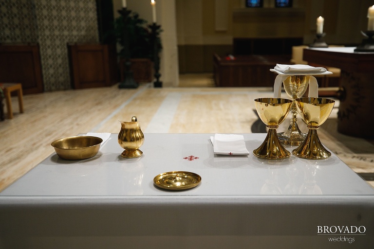 Closeup of chalices at church