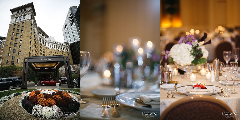 Orange and purple wedding reception details at St Paul Hotel