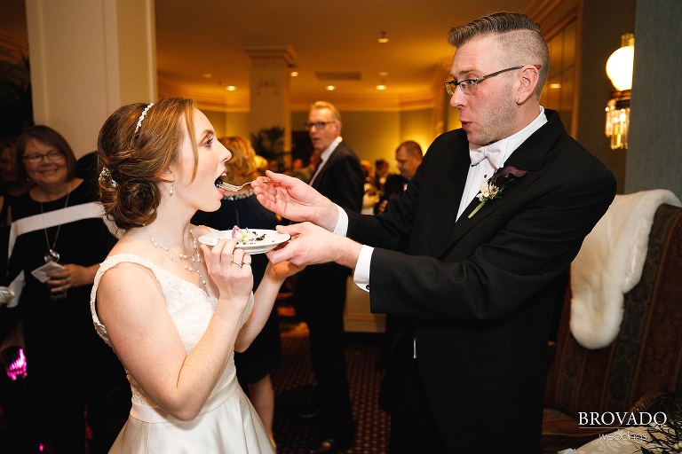 Ben feeding chocolate cake to bride Megan
