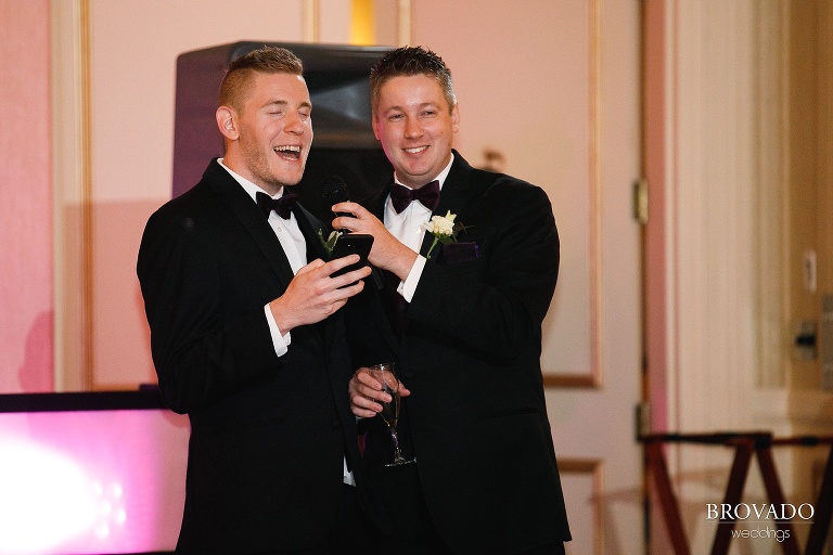 Groomsmen giving goofy wedding speech