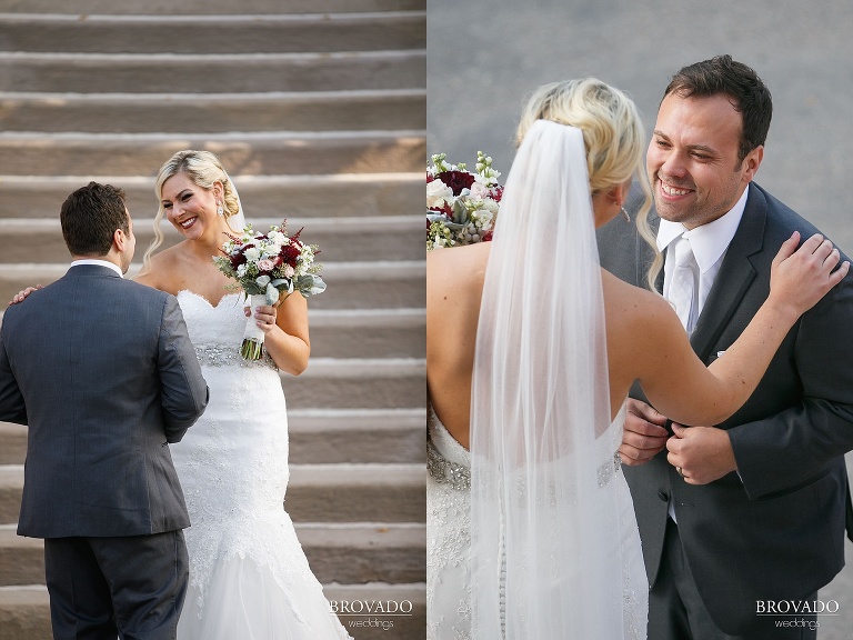 Rachel and Joe smiling at each other after first look