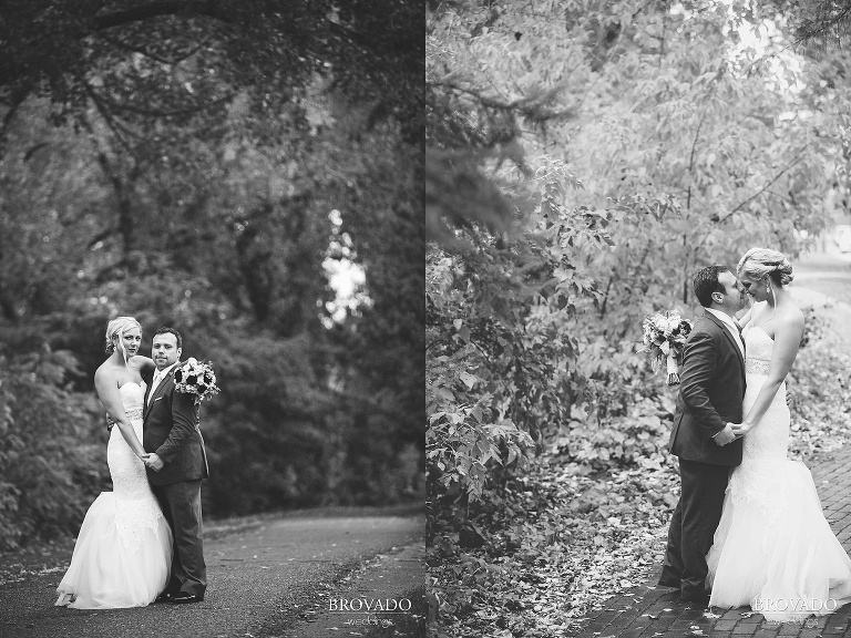Moody, rainy black and white bride and groom portraits