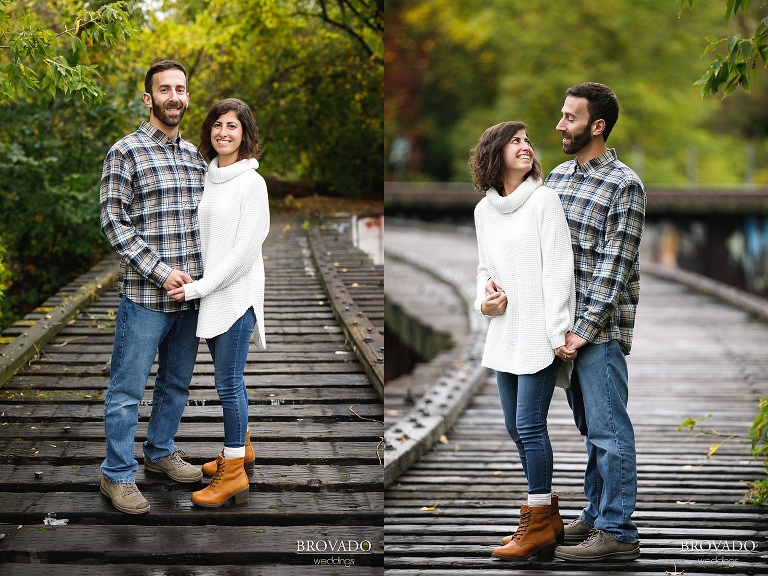 Stephanie and Loren posing on railroad tracks in northeast minneapolis