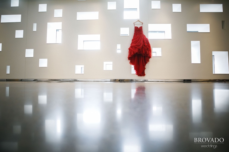 Wide angle of Christine's red wedding dress