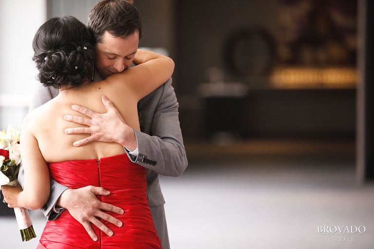 Couple embracing after first look