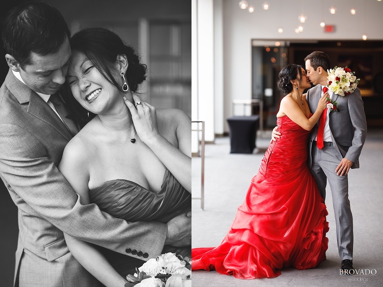 Bride and groom wearing red dress and grey suit