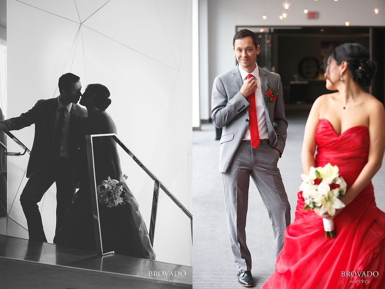 Moody black and white silhouette of bride and groom