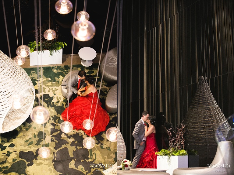 Christine and Nick posing in radisson blu hotel lobby
