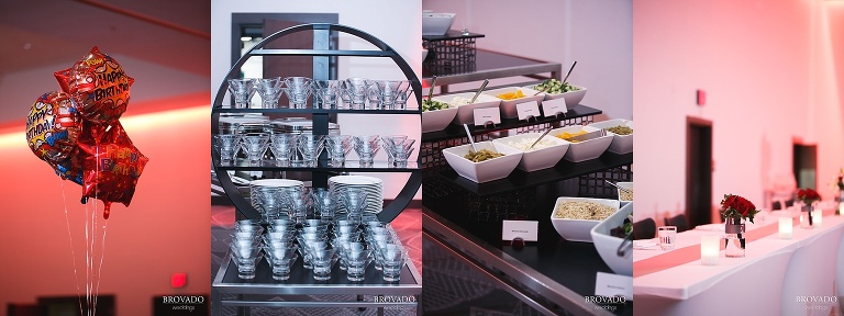 Details of birthday balloons and food bar at reception