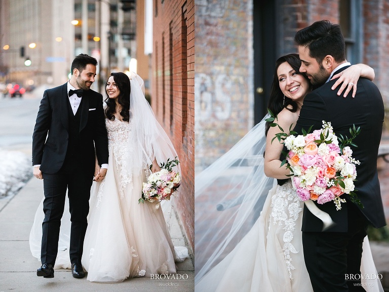 Bride and groom in sunset in downtown minneapolis