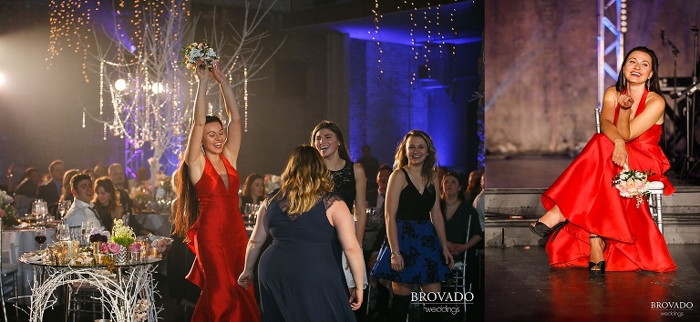 Woman catching the bouquet