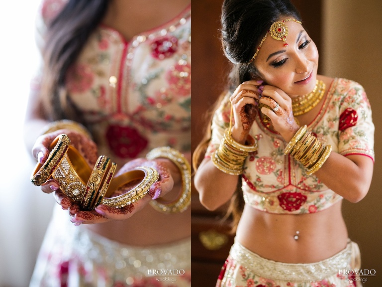 Lorena putting on her indian wedding jewelry