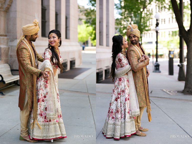 Rishi and Lorena posing outside of Landmark Center