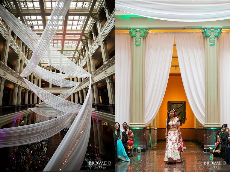 Lorena walking down the aisle in red indian wedding dress