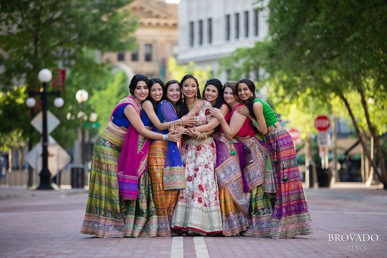 Lorena and her bridesmaids in colorful indian dresses