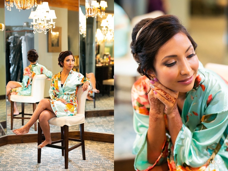 Lorena in floral robe and wedding hair and makeup