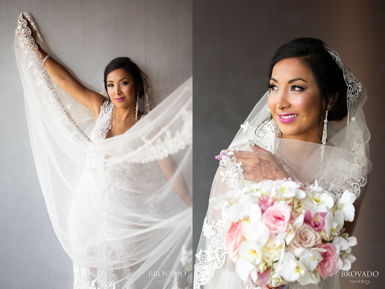 Lorena showing off her lace wedding veil