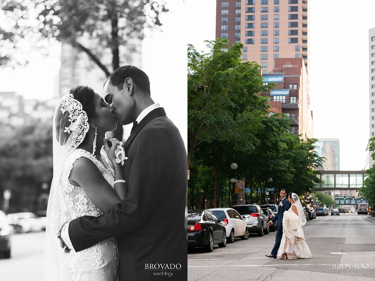 Rishi and Lorena walking across street in St. Paul