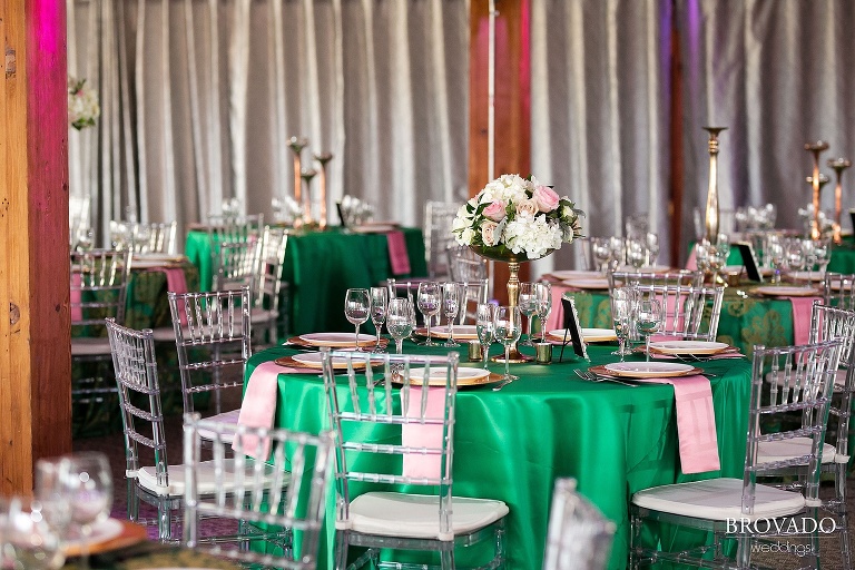 green and pink wedding reception centerpiece