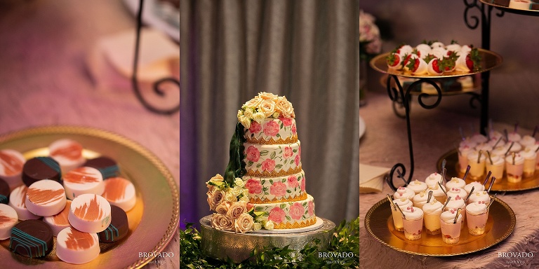 detail of floral wedding cake and desserts