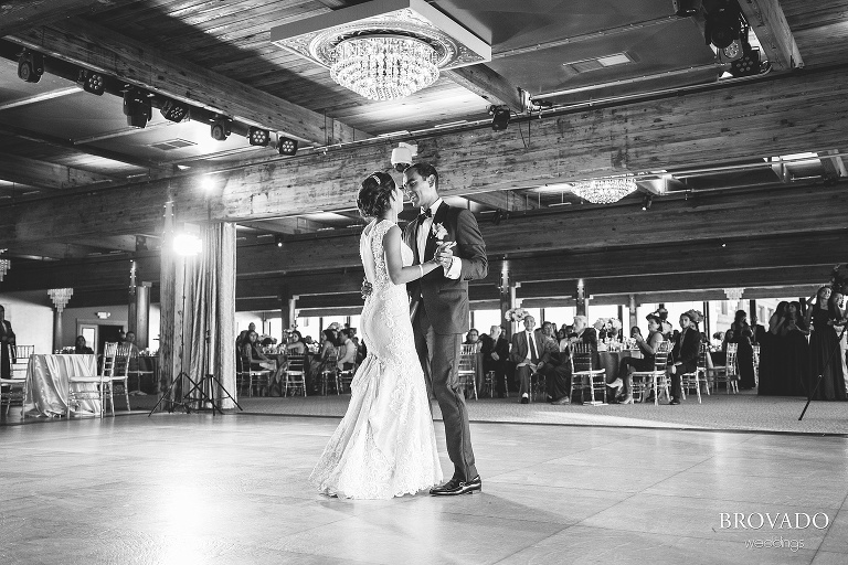Rishi and Lorena share a first dance in black and white