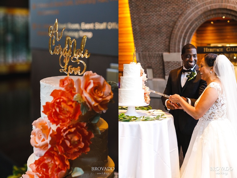 closeup of cake cutting and cake topper