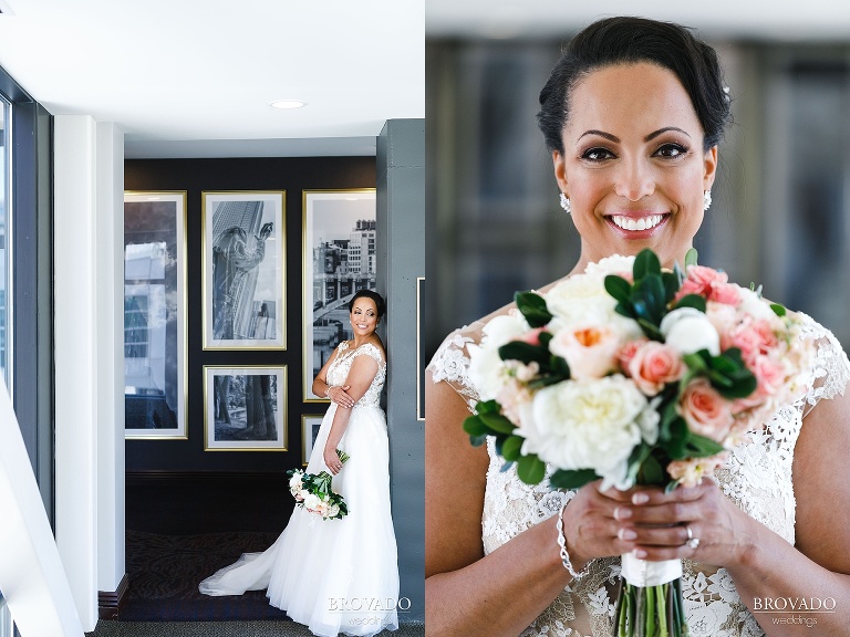 Sunlit bridal portraits with pink bouquet