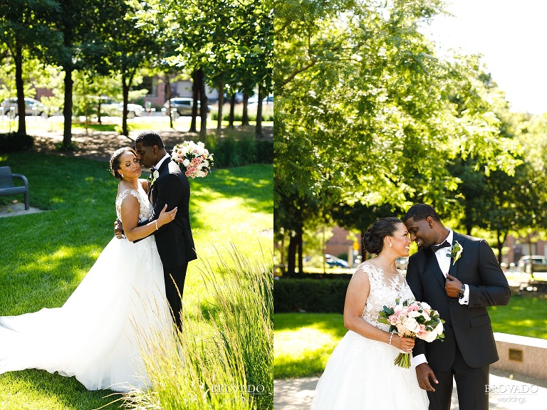 bride and groom on lawn of mcnamara alumni center