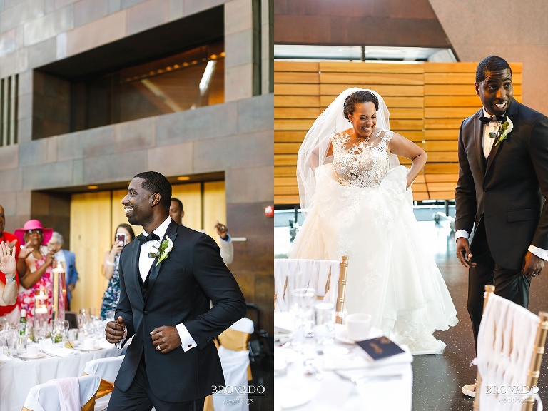 bride and groom dancing into reception
