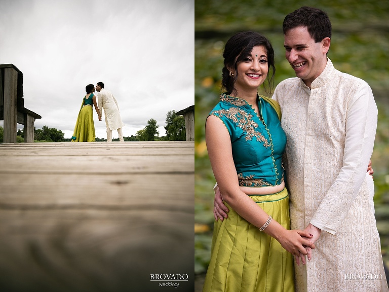 Ethan and Sruti kissing on dock of lake of the isles