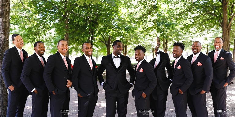 Triptych of groomsmen laughing