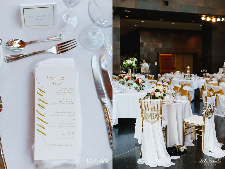 closeup of bride and groom's table and menu