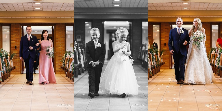 Bride and her dad and flower girl walking down the aisle